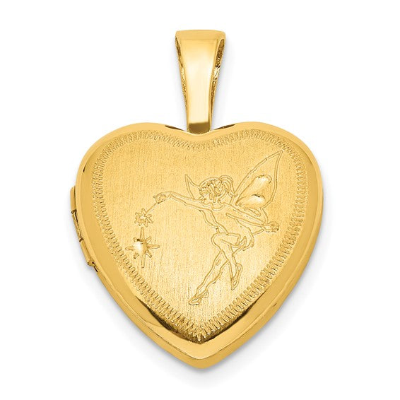 Sterling Silver Gold-plated Satin and Polished 12mm Fairy Heart Locket