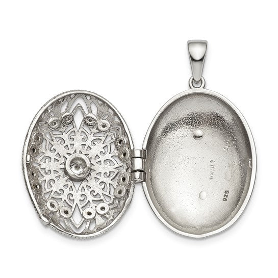 Sterling Silver Rhodium-plated CZ Filigree Top Polished Back Oval Locket