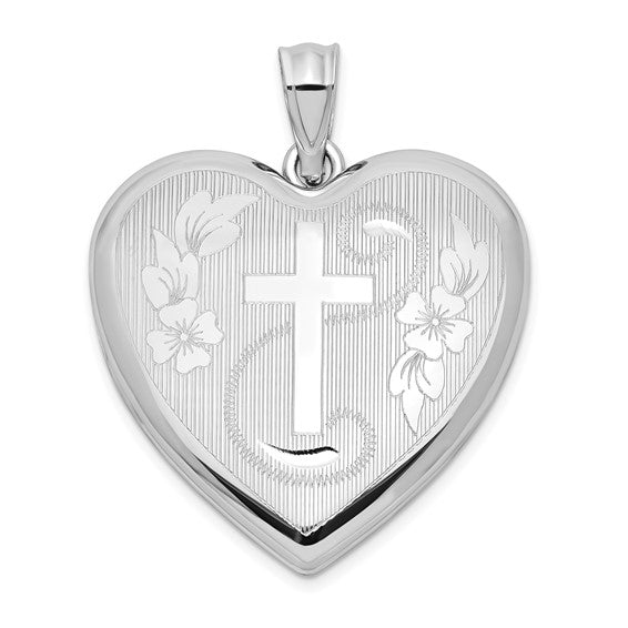 Sterling Silver Rhodium-plated 24mm D/C Cross Ash Holder Heart Locket