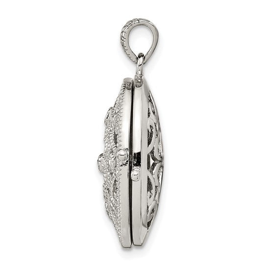 Sterling Silver Rhodium-plated CZ Fancy Filigree Oval 22mm Locket