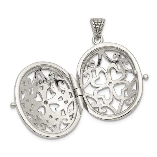 Sterling Silver Rhodium-plated CZ Fancy Filigree Oval 22mm Locket