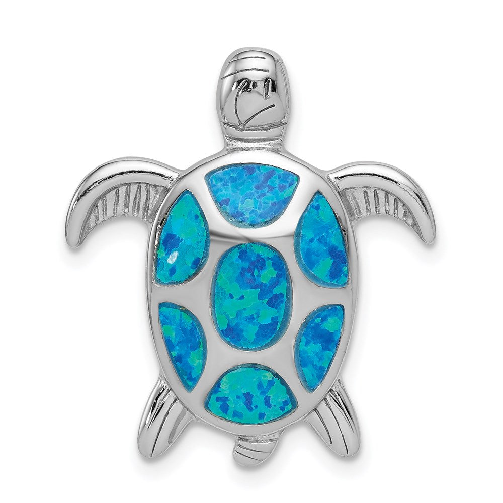 Sterling Silver Rhodium-plated Created Blue Opal Turtle Slide