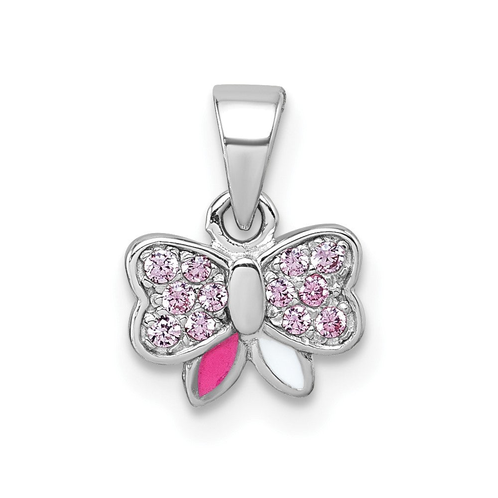 Sterling Silver Rhodium-plated Children's CZ Enamel Bow Pendant