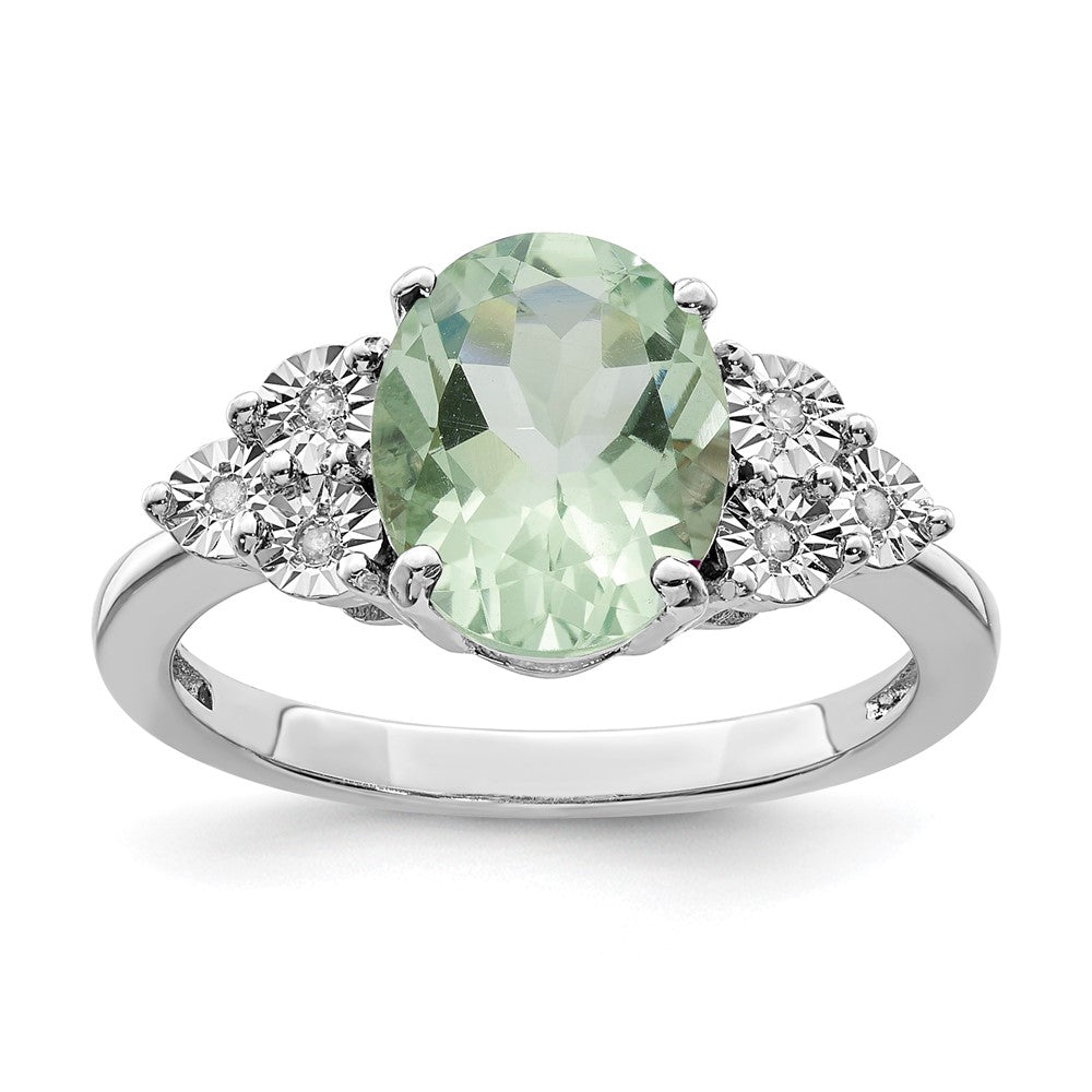 Sterling Silver Rhodium Diam. & Oval Green Quartz Ring
