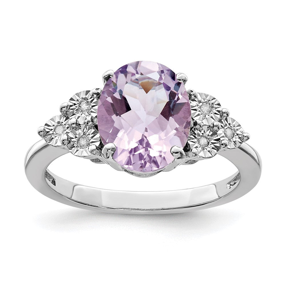 Sterling Silver Rhodium Diam. & Oval Pink Quartz Ring