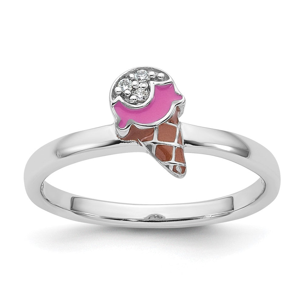 Sterling Silver Rhodium-plated Children's Enamel CZ Ice Cream Ring