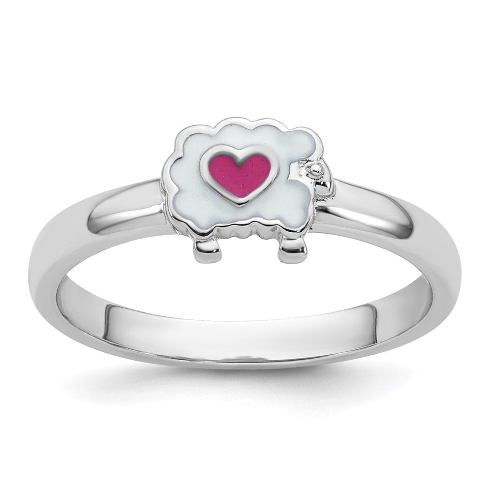 Sterling Silver Rhodium-plated Children's Enamel Sheep w/ Heart Ring