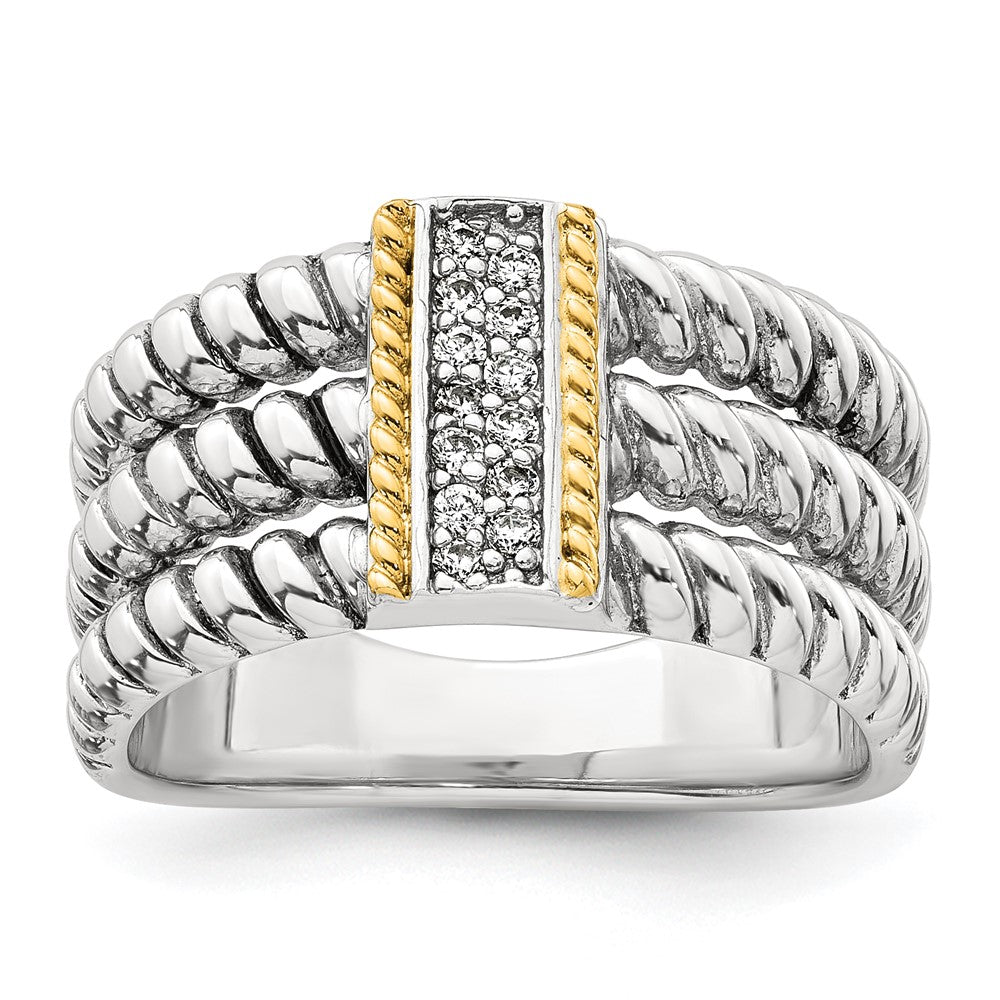 Sterling Silver w/14k Accent Antiqued Polished CZ Triple Twisted Ring