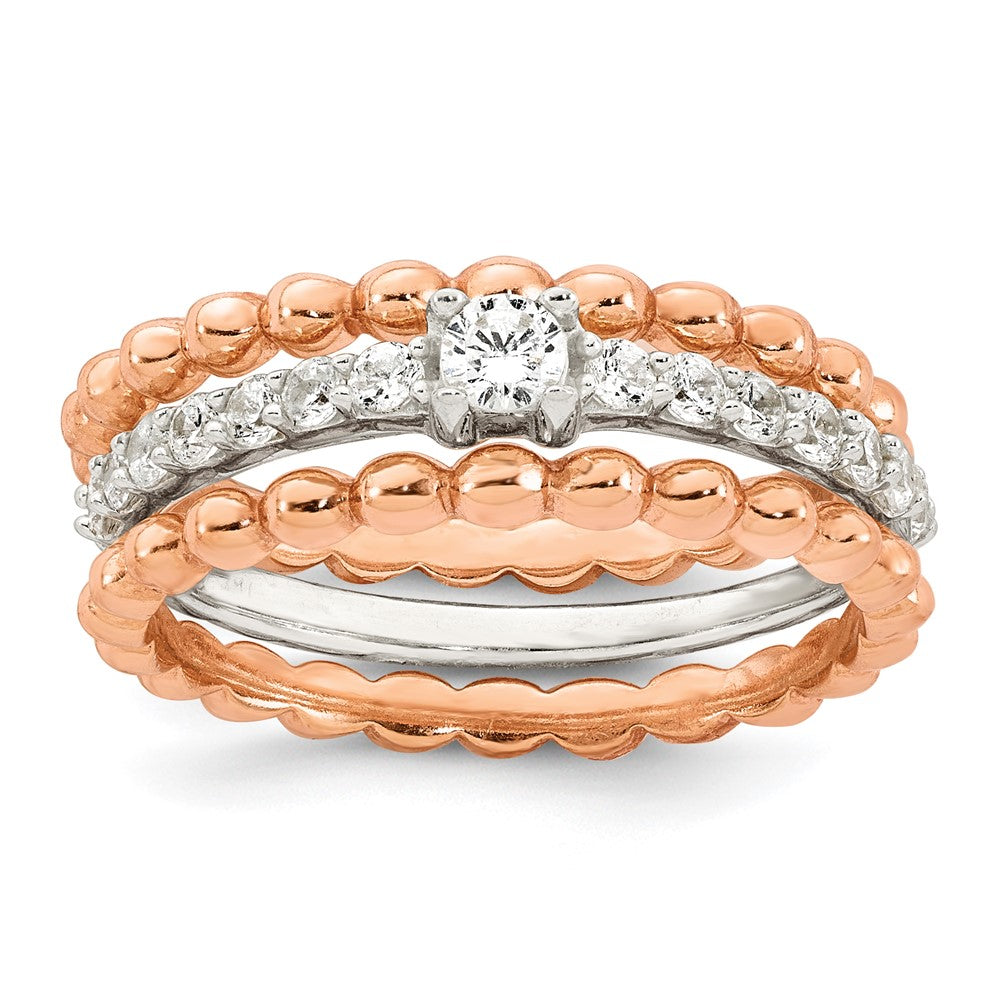 Sterling Silver and Rose-tone Polished and Beaded CZ 3 Ring Set