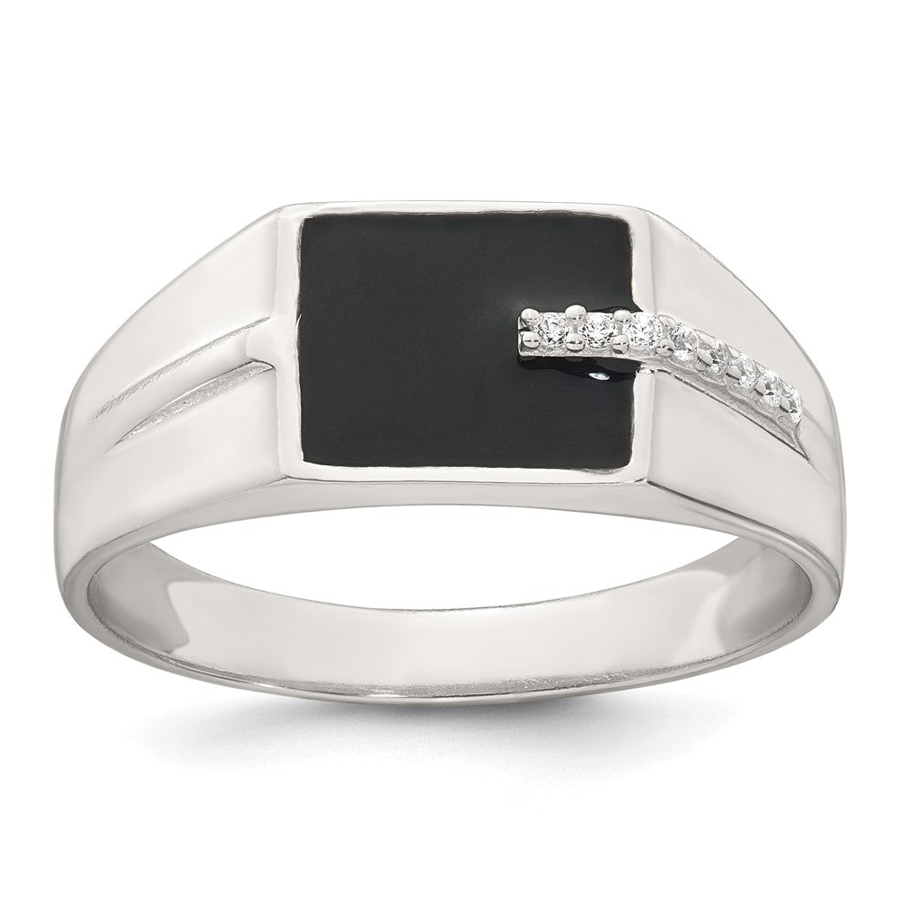Sterling Silver Polished Black Enamel CZ Men's Signet Ring