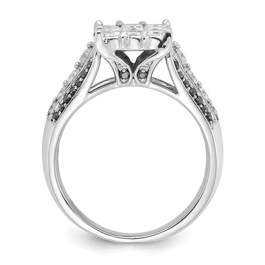 14k White Gold Black and White Square Center Cluster Diamond Ring