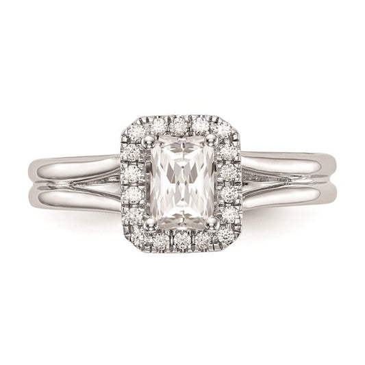 14k White Gold Halo (Holds 1/4 carat (4.5x3mm) Emerald-cut Center) 1/20 carat Diamond Semi-mount Split Shank Engagement Ring