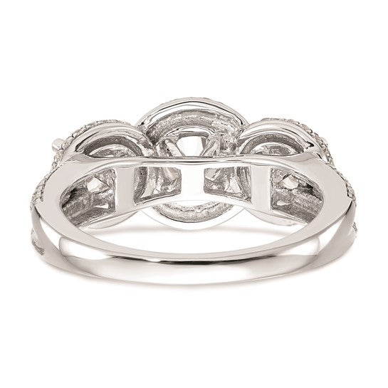 14K White Gold 3-Stone Plus (Holds 5/8 carat (5.5mm) Round Center and (2-4.5mm) Round Sides) Diamond Halo Semi-Mount Engagement Ring