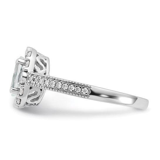 14k White Gold Aquamarine and Diamond Halo Ring