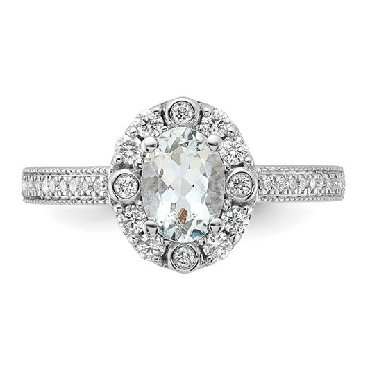 14k White Gold Aquamarine and Diamond Halo Ring
