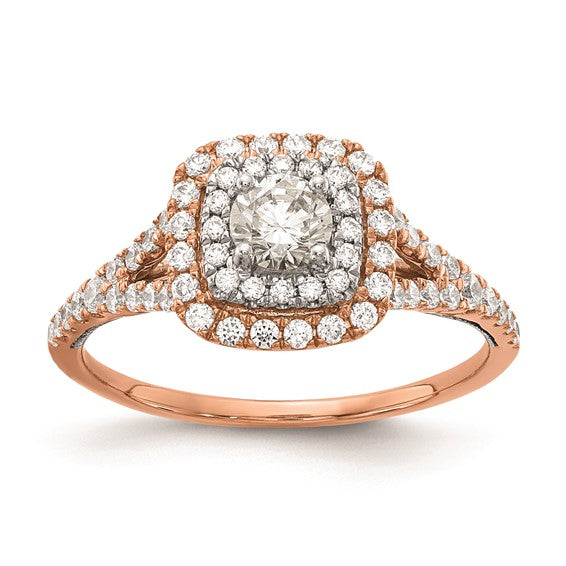 14k Rose and White Gold Double Halo (Holds 1/3 carat (4.5mm) Round Center) 1/2 carat Diamond Semi-mount Engagement Ring