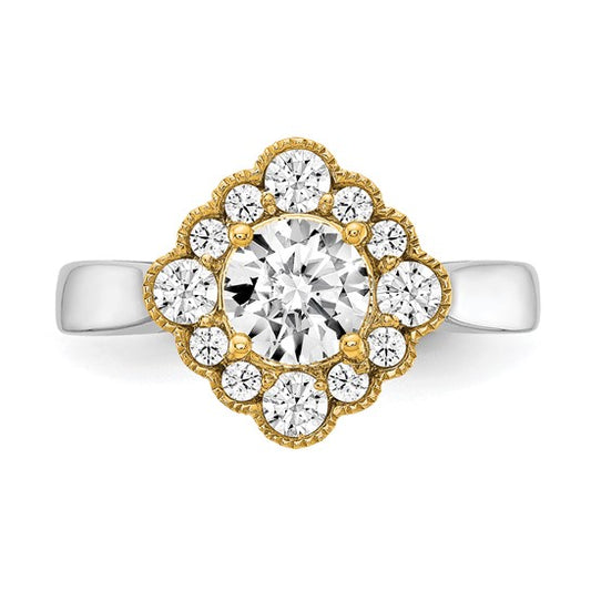 True Origin 14K Two-tone 1/4 carat Lab Grown Diamond VS/SI D E F Round Semi Mount Fancy Halo Engagement Ring