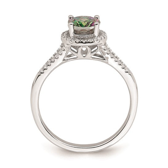 Blooming Bridal 14k White Gold Halo 8x6mm Oval Mystic Fire Topaz and 1/5 carat Diamond Complete Engagement Ring