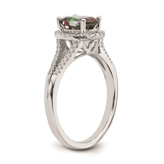 Blooming Bridal 14k White Gold Halo 8x6mm Oval Mystic Fire Topaz and 1/5 carat Diamond Complete Engagement Ring