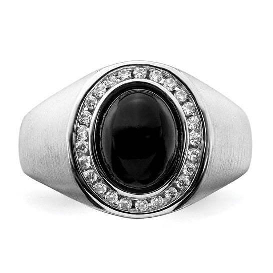 14k White Gold Oval Onyx and Diamond Mens Ring
