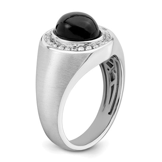 14k White Gold Oval Onyx and Diamond Mens Ring