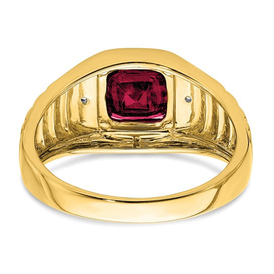 14k Cushion Created Ruby and Diamond Mens Ring