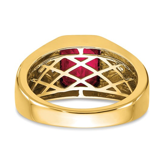 14k Emerald-cut Created Ruby and Diamond Mens Ring