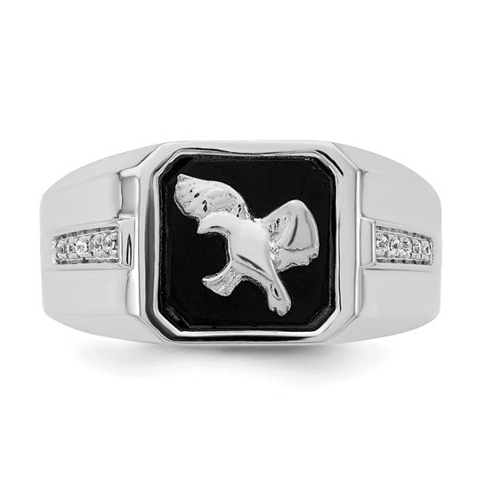 14k White Gold Onyx and Diamond Eagle Mens Ring