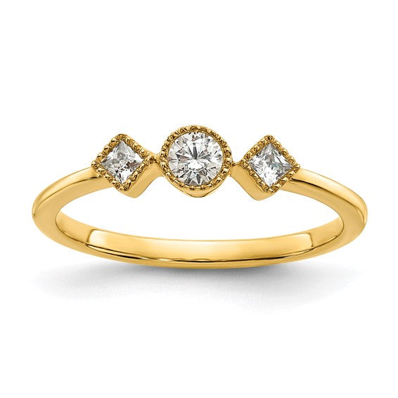 14k Beaded Edge Petite 3-Stone 1/4 carat Round/Princess Diamond Complete Promise/Engagement Ring