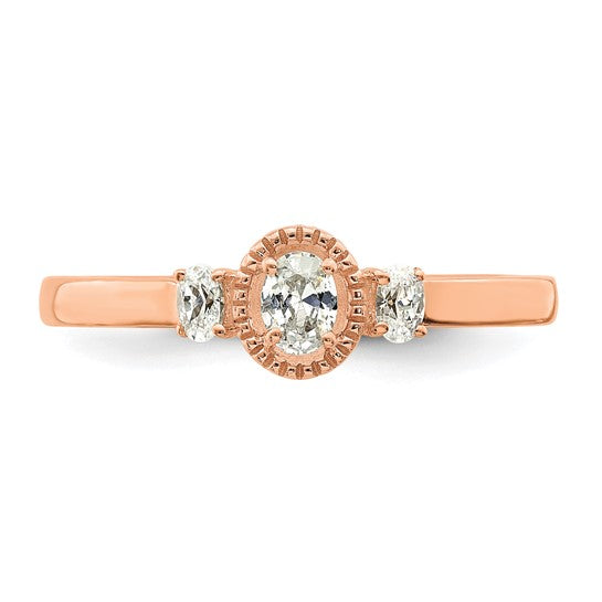 14k Rose Gold Beaded Edge Petite 3-Stone 1/4 carat Oval Diamond Complete Promise/Engagement Ring