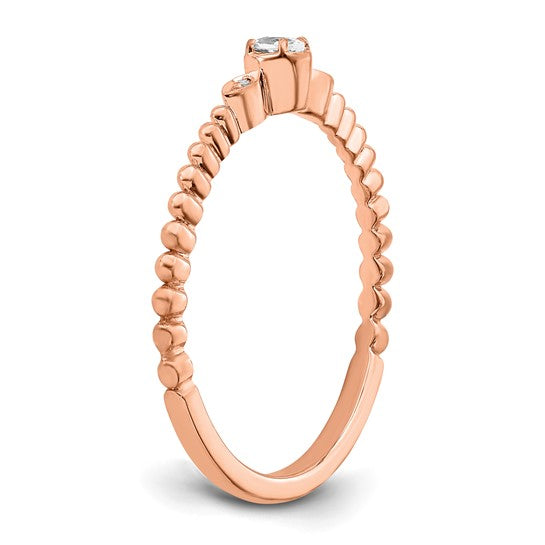 14k Rose Gold Scalloped Band Petite 3-Stone 1/15 carat Oval Diamond Complete Promise/Engagement Ring