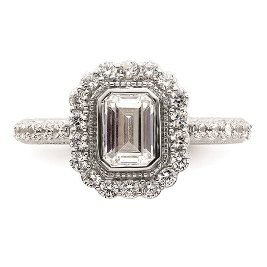 14k White Gold Halo Plus (Holds 1 carat (6.5x4.8mm) Emerald-cut Center Bezel) 5/8 carat Diamond Semi-Mount Engagement Ring