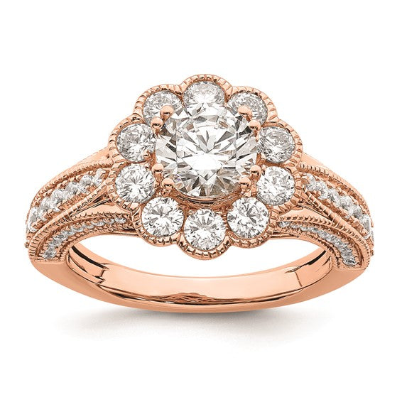 14k Rose Gold Vintage Halo (Holds 1 carat (6.5mm) Round Center) 1.25 carat Diamond Semi-Mount Engagement Ring