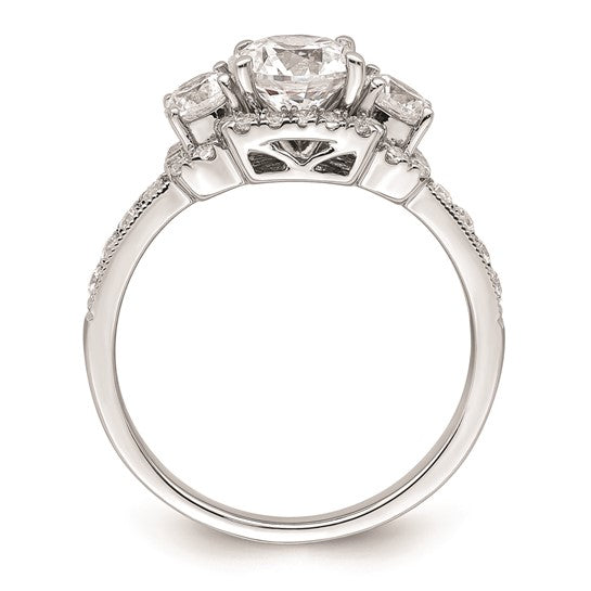 14K White 3-Stone Plus (Holds 1 carat (6.5mm) Round Center) Halo Semi-Mount Diamond Engagement Ring