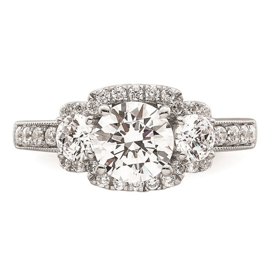 14K White 3-Stone Plus (Holds 1 carat (6.5mm) Round Center) Halo Semi-Mount Diamond Engagement Ring