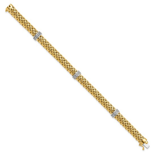 14k Two-Tone 7.25in .05ct Completed Polished Diamond and Mesh Bracelet