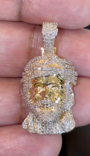 10K YELLOW GOLD 1.25 CARAT NATURAL DIAMONDS 1.25 INCHES JESUS HEAD PENDANT CHARM