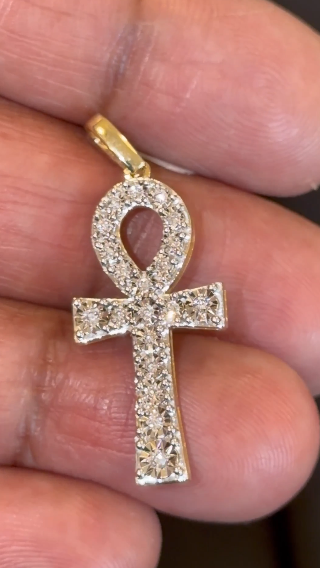 10K YELLOW GOLD .20 CARAT 1.40 INCHES NATURAL DIAMOND ANKH CROSS PENDANT CHARM