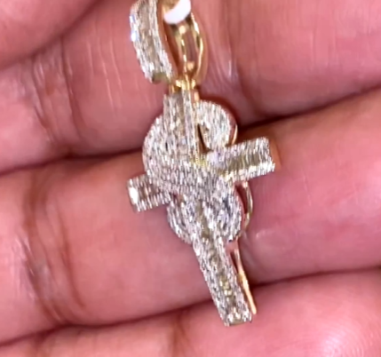 10K YELLOW GOLD .75 CARAT 1.25 INCHES REAL DIAMOND CROSS PENDANT CHARM