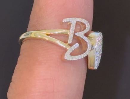 10K YELLOW GOLD .25 CARAT WOMENS NATURAL DIAMOND HEART & LETTER INITIAL B RING