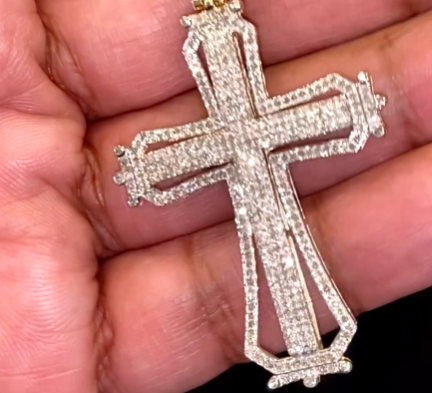10K YELLOW GOLD 1.50 CARAT 2.50 INCHES REAL DIAMOND MEN CROSS PENDANT CHARM CROSS