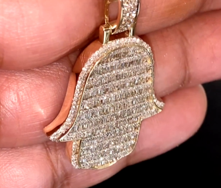 10K YELLOW GOLD 2.75 CARAT REAL DIAMOND 1.50 INCHES HAMSA HAND PENDANT CHARM