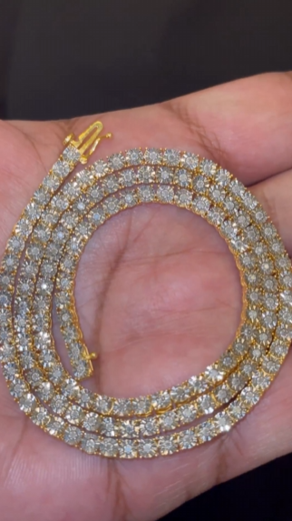 2.75 CARAT NATURAL DIAMOND STERLING SILVER GOLD PLATED 22 INCHES 4 MM 34 GRAM FANUC TENNIS CHAIN NECKLACE