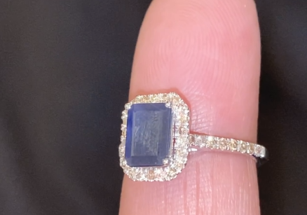 10K WHITE GOLD 2 CARAT DIAMOND & EMERALD CUT BLUE SAPPHIRE RING