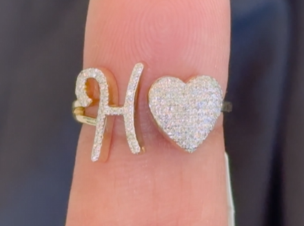10K YELLOW GOLD .20 CARAT WOMENS NATURAL DIAMOND HEART & LETTER INITIAL H RING