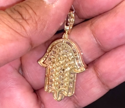10K YELLOW GOLD 2.25 CARAT REAL DIAMOND 1.75 INCHES HAMSA HAND PENDANT CHARM