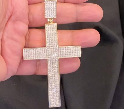 3 CARAT LARGE 4 INCH REAL DIAMONDS STERLING SILVER WITH YELLOW GOLD PLATING CROSS CHARM PENDANT