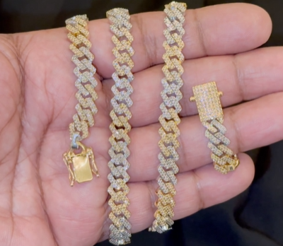 10K YELLOW WHITE GOLD 10.25 CARAT REAL DIAMOND 8MM 22 INCHES 63.04 GRAM GOLD CUBAN LINK CHAIN NECKLACE