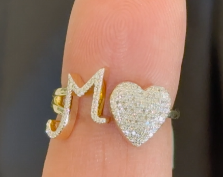 10K YELLOW GOLD .25 CARAT WOMENS NATURAL DIAMOND HEART & LETTER INITIAL M RING