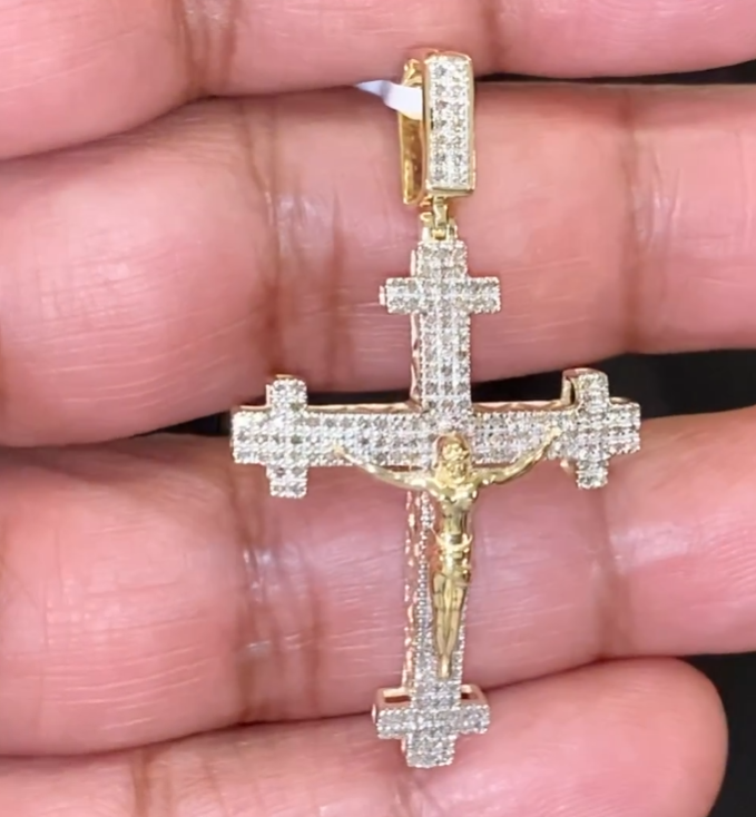 10K YELLOW GOLD .50 CARAT 1.75 INCHES REAL DIAMOND MEN CROSS PENDANT JESUS CHARM CROSS